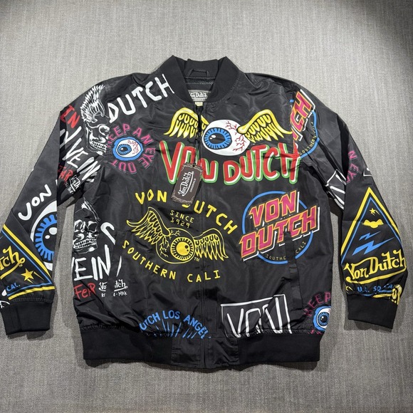 Von Dutch Other - Von Dutch Jacket Mens XL Black Multicolor Graphic Bomber Full Zip Logo Allover